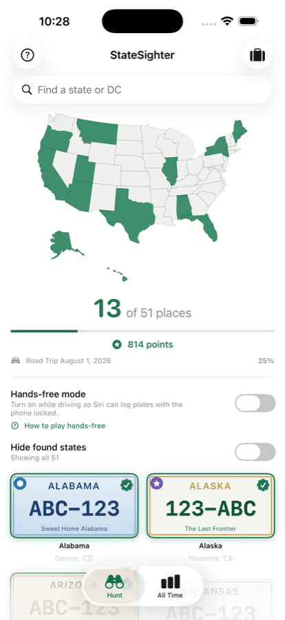 StateSighter on iPhone, showing a map of the United States with found states shaded green.