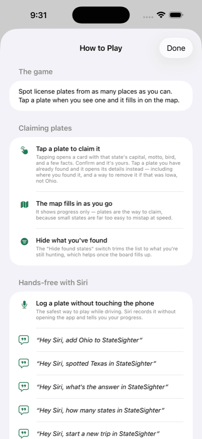 The How to Play screen listing the Siri phrases StateSighter understands.